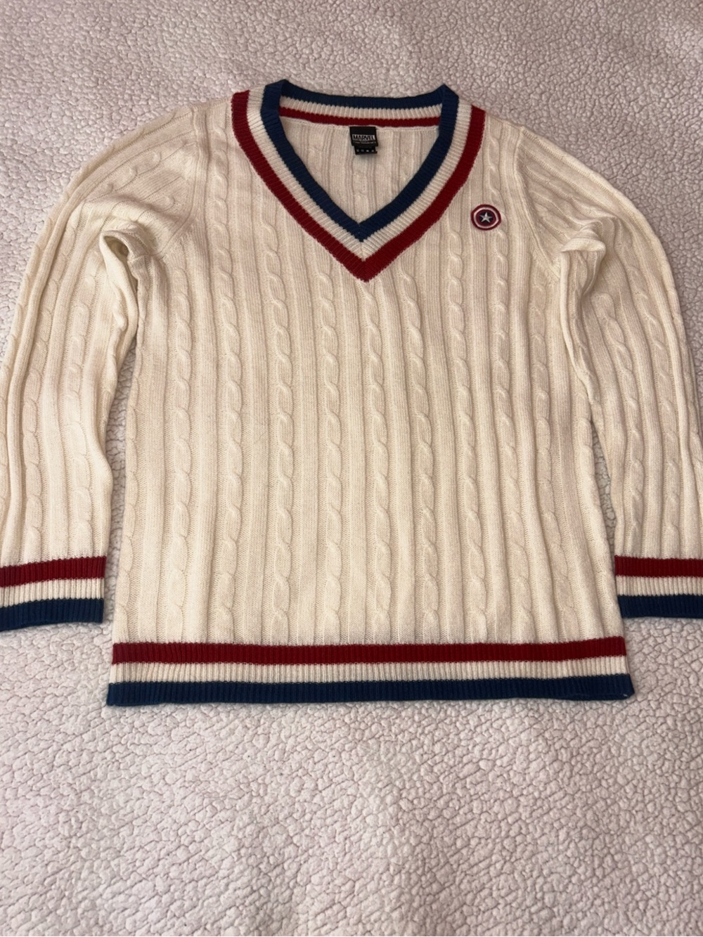 Her Universe Ivory Cable V-Neck Sweater with Red & Blue Stripe Trim